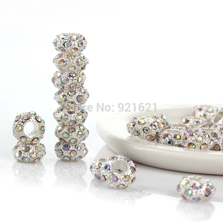 

10*6MM Silver Plated with AB Crystal Rhinestone Rondelle Spacer Metal European Beads 50pcs/lot D0341