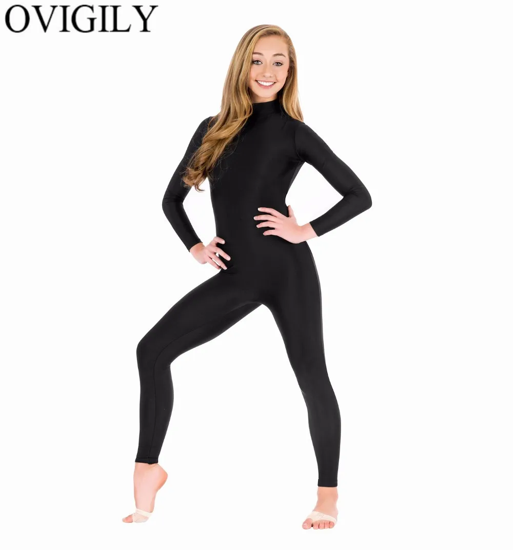 

OVIGILY Spandex Turtleneck Long Sleeve Footless Unitards For Womens Nylon One Piece Black Dance Unitard Bodysuits Zentai Suits