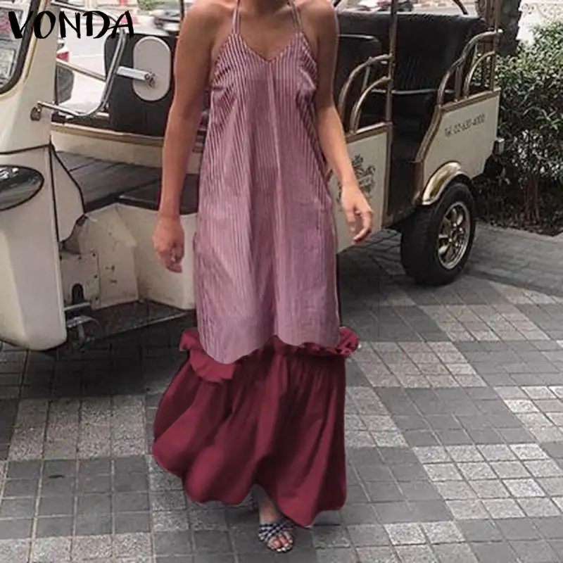 VONDA المرأة البوهيمي ماكسي لونغ اللباس الصيف مثير السيدات الصلبة الشاطئ مساء حزب فستان الشمس أكمام حبال الخامس الرقبة فساتين 5XL VONDA المرأة البوهيمي ماكسي لونغ اللباس الصيف مثير السيدات الصلبة الشاطئ مساء حزب فستان الشمس أكمام حبال الخامس الرقبة فساتين 5XL