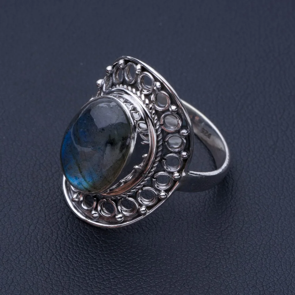 

Blue Fire Labradorite Unique Design 925 Sterling Silver Ring US Size 8.25 P1058