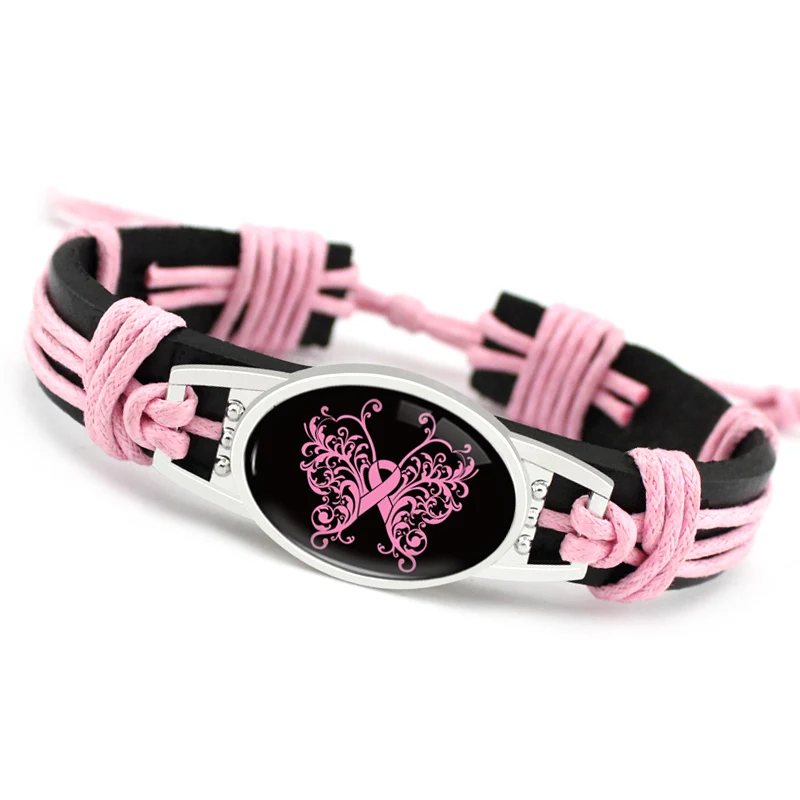 Hope Fighter Warrior Ribbon раковая лента для защиты груди регулируемые кожаные браслеты для женщин и мужчин ювелирные изделия - Окраска металла: Same as the picture