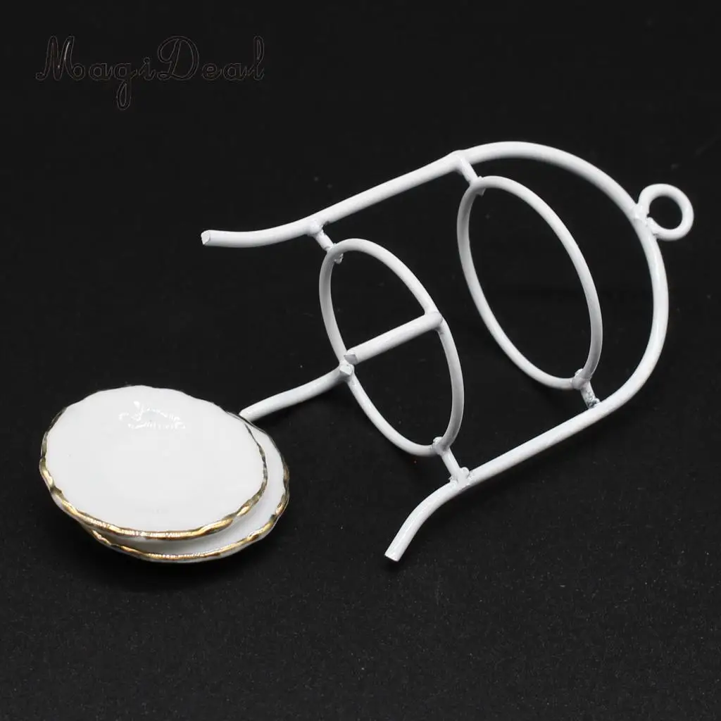 3pcs Miniature Metal Cake Stand Ceramic Dish Set Tableware for 1/12 Dolls House Kitchen Life Scenes Decoration