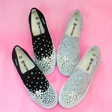 New Women’s pearl Single Shoes Woman Ballerina Flats Slip On Womens Loafers round Toe Flat Shoe handmade rhinestone shoes