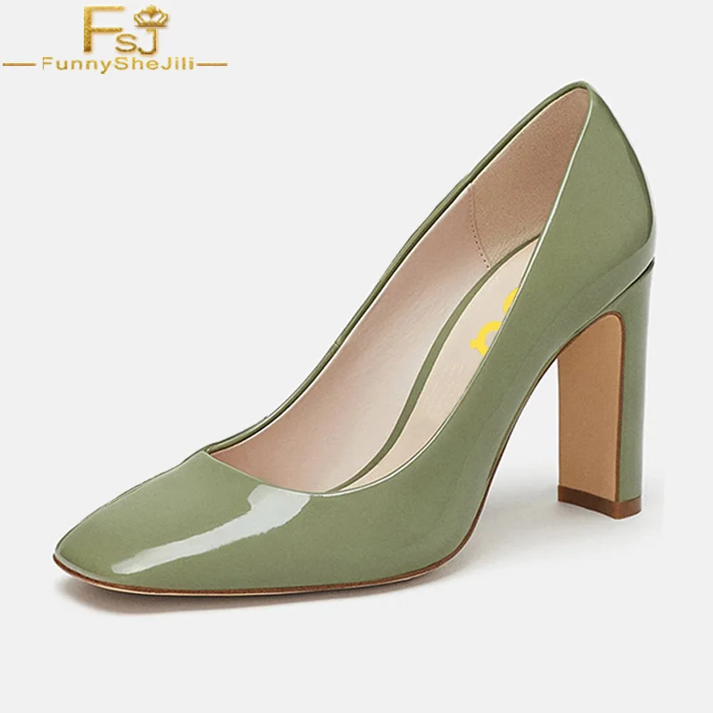 FSJ Classic Green Leather High Chunky Heel Women Pumps Square Toe Slip On Casual Office Dress