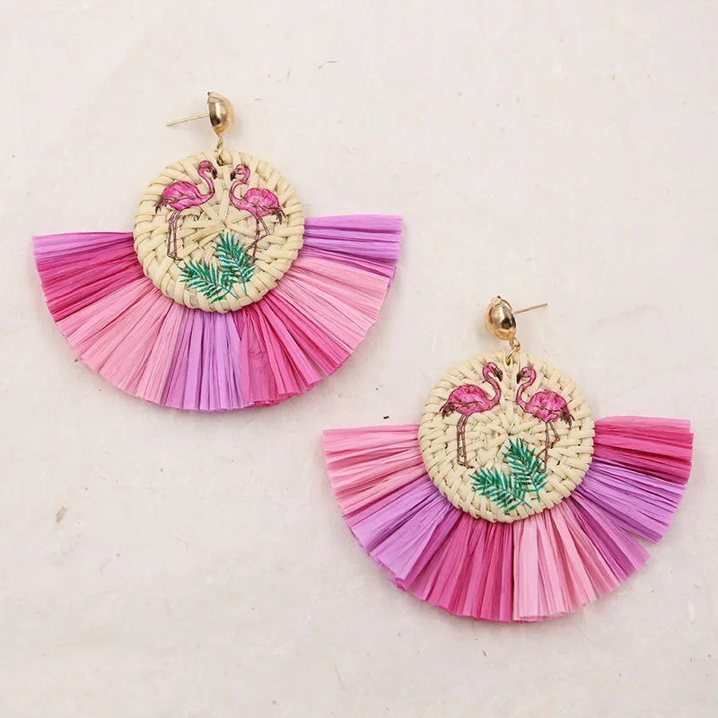 

Multi-colors Wood Rattan Earrings Wicker Straw Raffia Tassel Earring Vintage Flamingo Earing Summer Jewelry Pendientes Mimbre