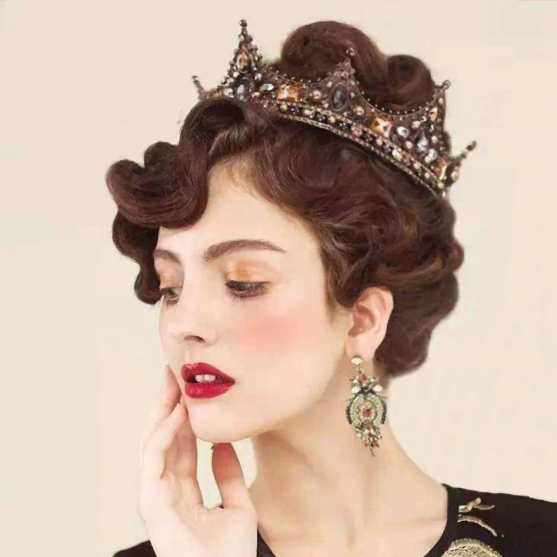 

Vintage Black Crystal Round Tiara Baroque Bride Tiaras and Crowns Wedding Big Crown Royal King Queen Crown Hair Jewelry HG318