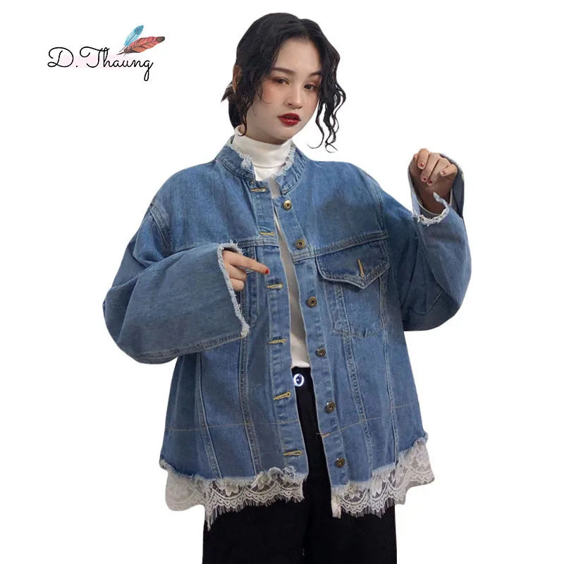

Spring Women Jacket 2019 New Loose Wild Lace Stitching Female Denim Jacket Stand Collar Single-Breasted Ladies Woolen Coat Qw053