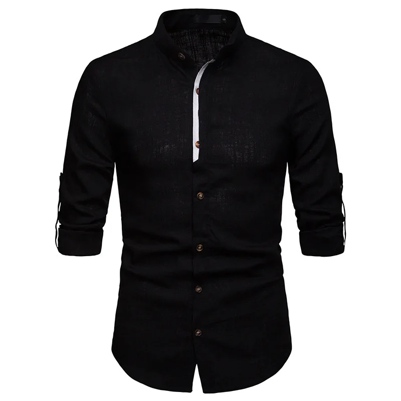 Мужская рубашка из чистого белого льна с воротником-стойкой и длинным рукавом, мужские рубашки, повседневные деловые рубашки для работы размера плюс, мужские рубашки - Цвет: Black