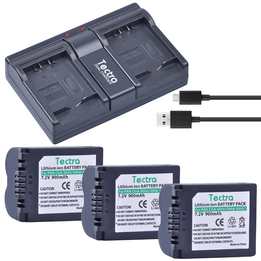 Tectra 3 шт. CGA S006 CGR S006E S006A DMW BMA7 батарея + двойное зарядное устройство для Panasonic DMC FZ7 FZ8