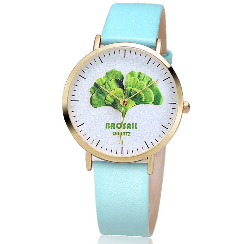 

High Quality Fashion Dress Watch Ginkgo Biloba Pattern Wristwatches Leather Strap Quartz Watches horloge dames Xmas Gift WC021