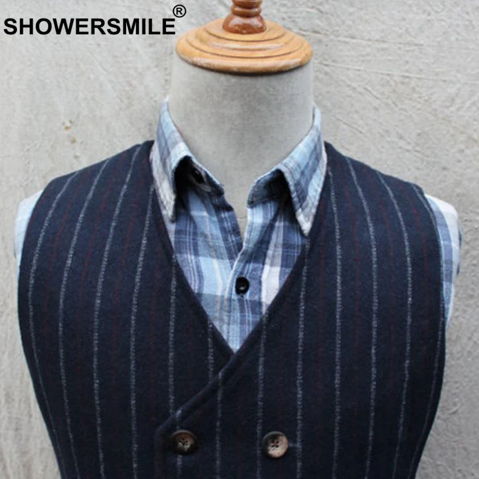 SHOWERSMILE Striped Vest Men Double Breasted Waistcoat Gray Woolen Wedding Suit Vest Gentleman Vintage British Sleeveless Blazer