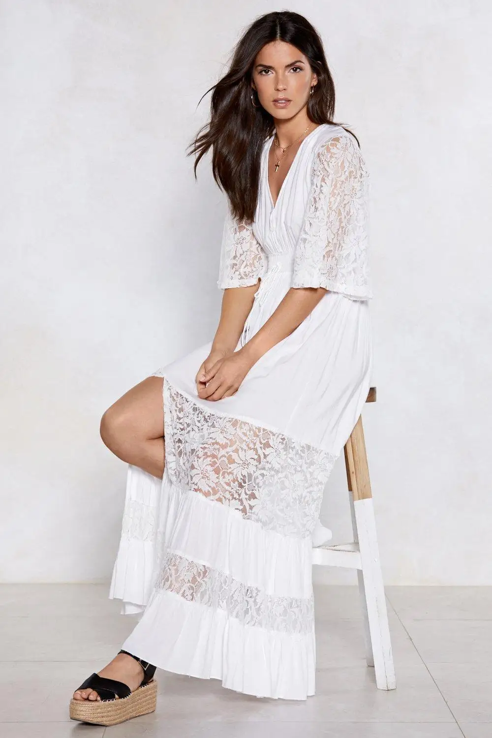 

Ladies Summer Sexy Cotton Lace See-through Bikini Long Cover Up Women Hollow Swimsuit Swimwear Beach Dress Bathing Suit