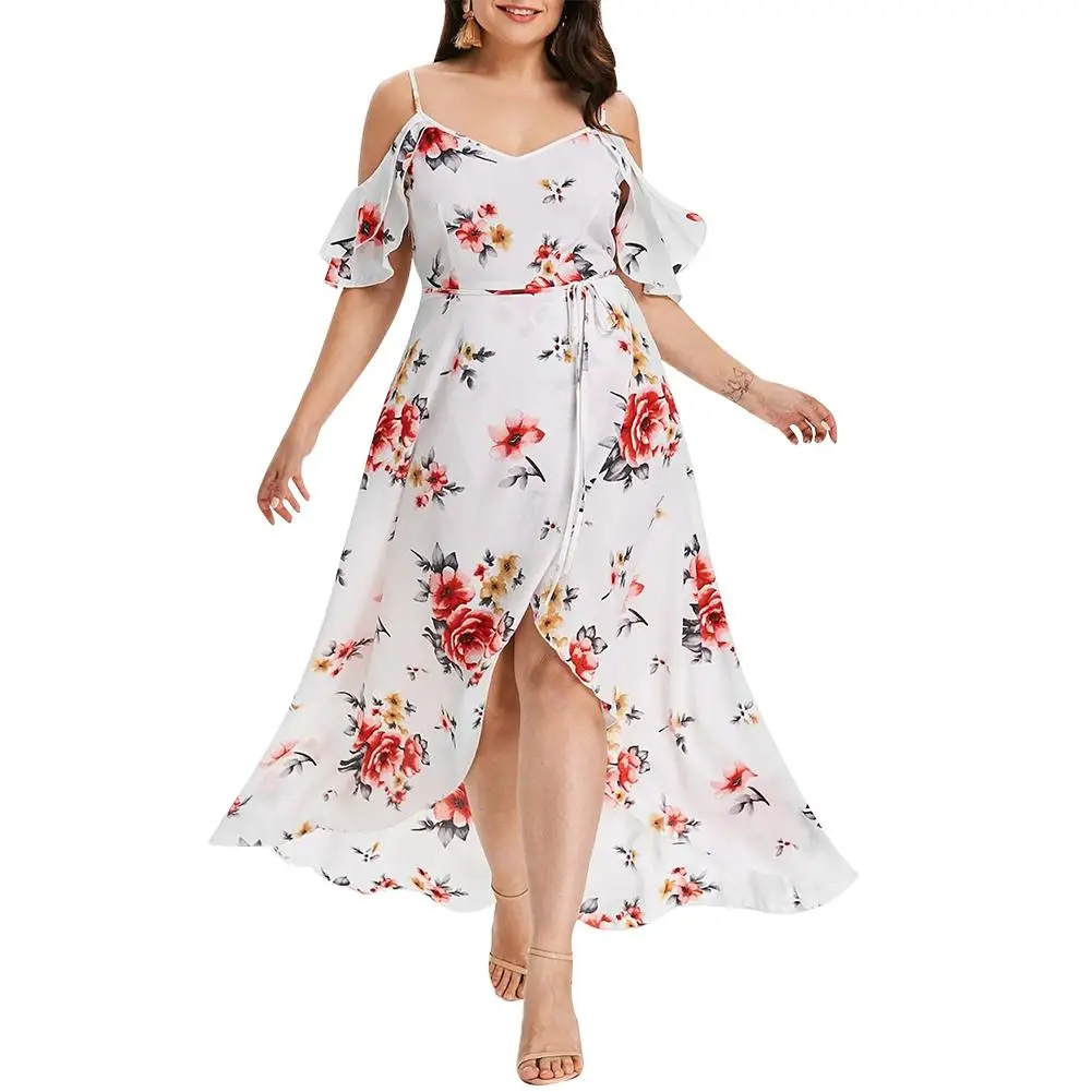 

Plus Size Fashion Lady Summer Boho Vintage Flower Printed Sexy Sling Cold Shoulder Bandage Short Sleeve Women Irregular Maxi Dre