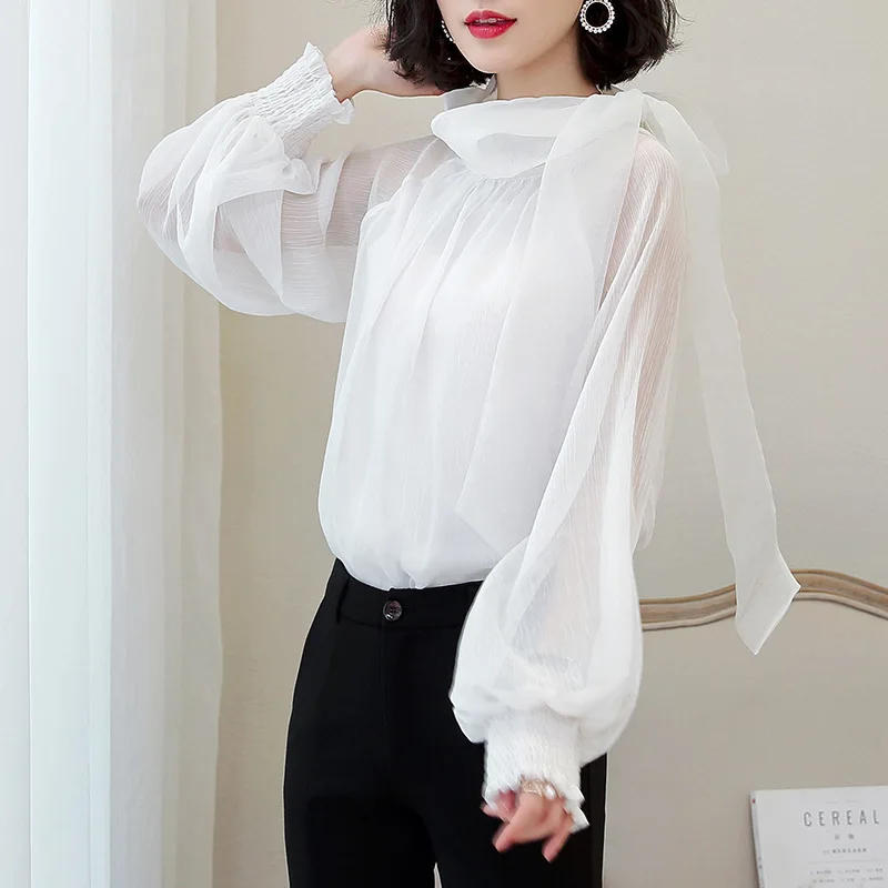  2019 spring elegant long lantern sleeve bow tie knot purple chiffon blouses women romantic lantern 