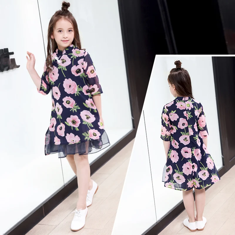 

High quality Teen Chiffon Dress for Girls Clothing Kids Half sleeve Floral Dress Casual Children's Clothes 6 8 9 10 12 14 16Year