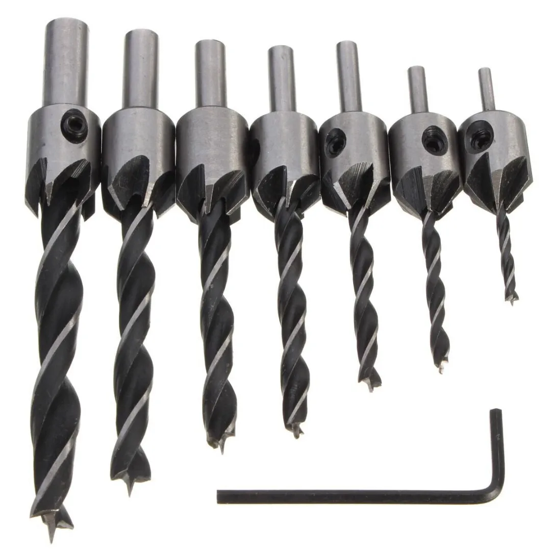 7pcs HSS 5 Flute Countersink Drills Bit Reamer Set Woodworking Chamfer 3-10mm