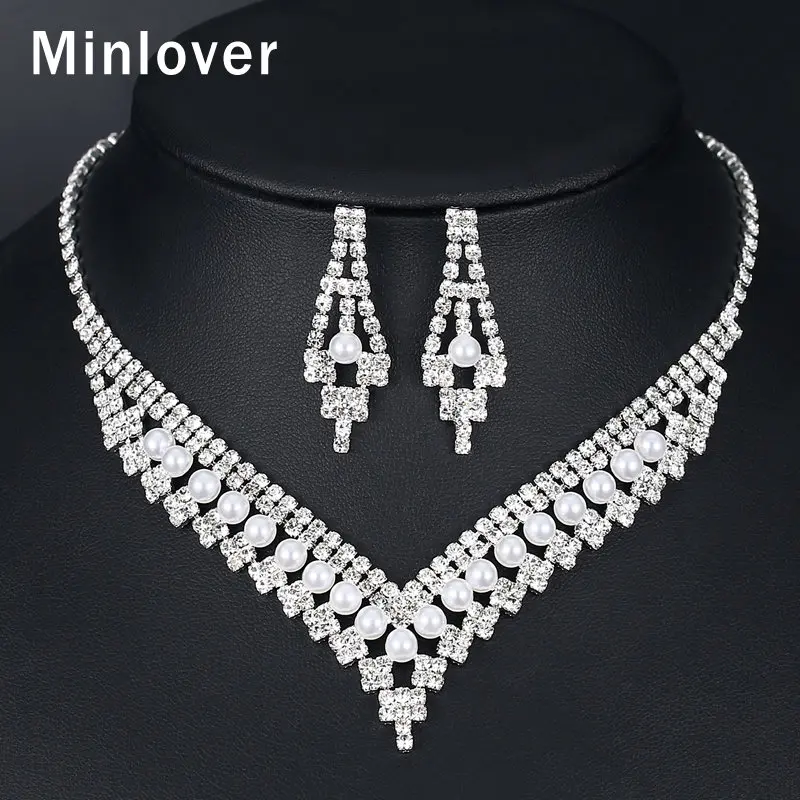 

Minlover Silver Color Simple Simulated Pearls Wedding Jewelry Sets for Women Fashion Crystal Bridal Necklace Earrings Set MTL587