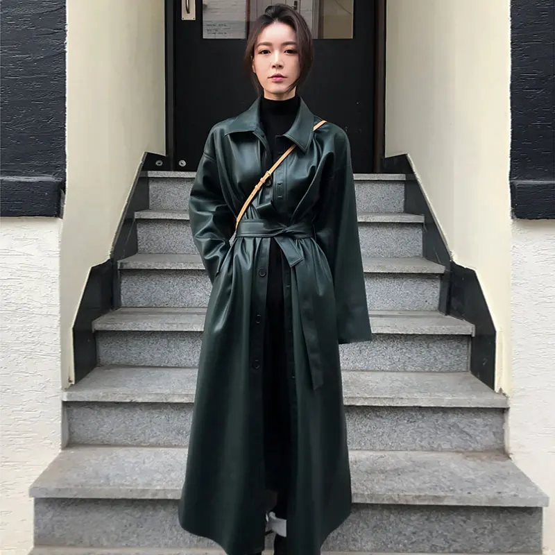 spring autumn Fashion new PU leather windbreaker slim temperament women belted trebch coat - Цвет: green