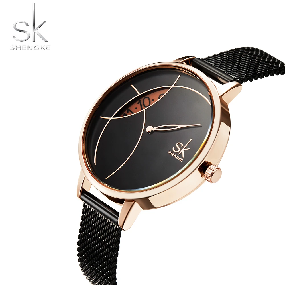 

Creative dial display Women Watch Lady Casual Fashion Clock Stainless Steel Mesh Band Desgined Quartz Watch Female Gift Shengke