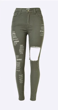 Sexy высокой талией джинсы Рваные надеюсь модные пикантные эластичные растягивается джинсовые Армейский зеленый тощий карандаш полной длины Для женщин джинсы - Цвет: Army Green