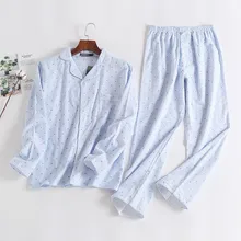 Весенняя брендовая Домашняя одежда мужская повседневная пижама в полоску наборы мужская рубашка с отложным воротником и брюки мужской хлопковый пижамный комплект