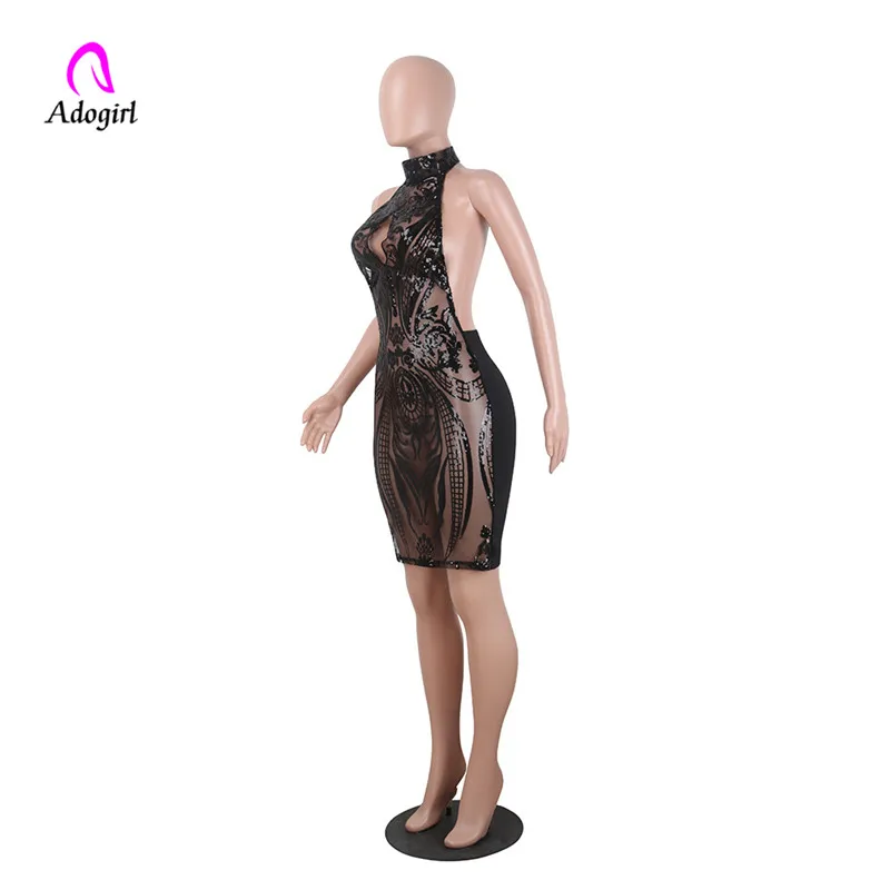 Прозрачное платье с блестками Adogirl открытой спиной лямкой на шее черное