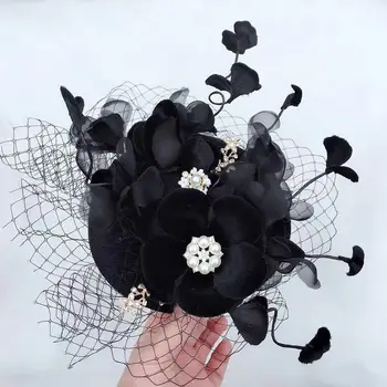 

Black Bride Wedding Hat Flannelette Flower Banquet Wedding Hair Decoration Bonnet Pearl Vintage Bridal Accessories Mingli Tengda