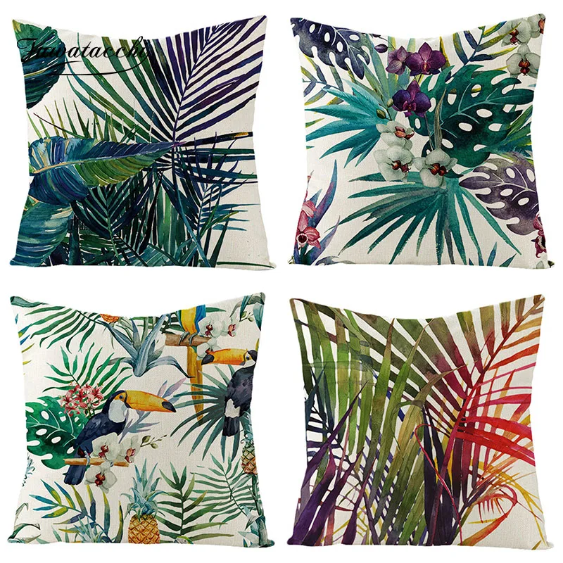 

Fuwatacchi Advanced Pure 100% Linen Cushion Cover Tropical Plant Throw Pillow Cover Pineapple Palm Leaves Square Pillowcase