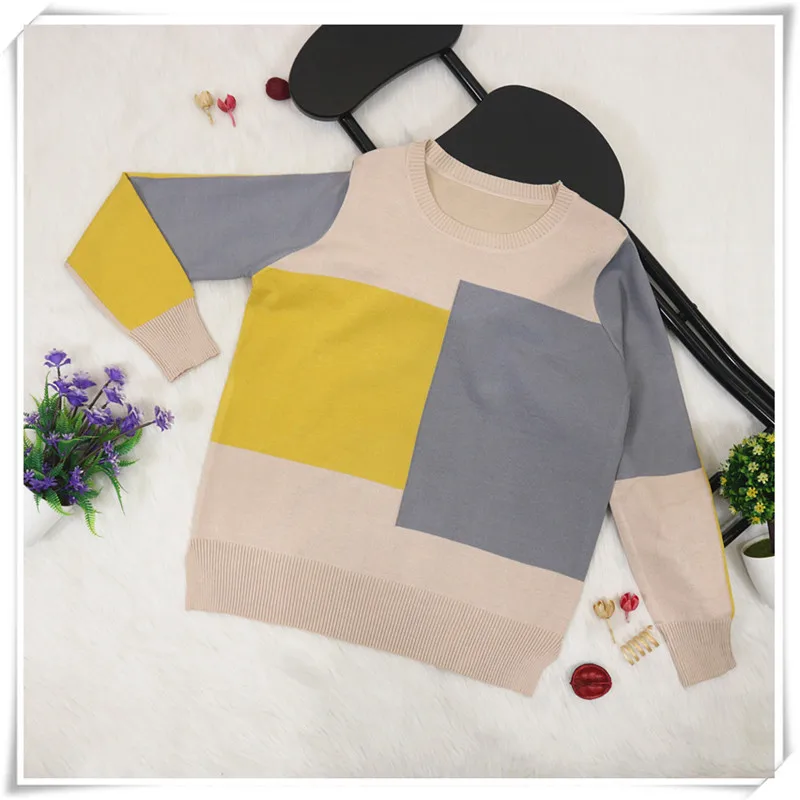 New Arrival ! Casual spring autumn loose sweater pullovers women long sleeve patchwork knit top female o-neck geometric sweater