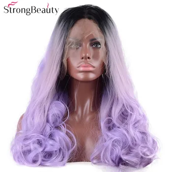 

Strongbeauty Long Wavy Blue Violet Wig Synthetic Ombre Black to Light Blue Lace Front Two Tone Wig