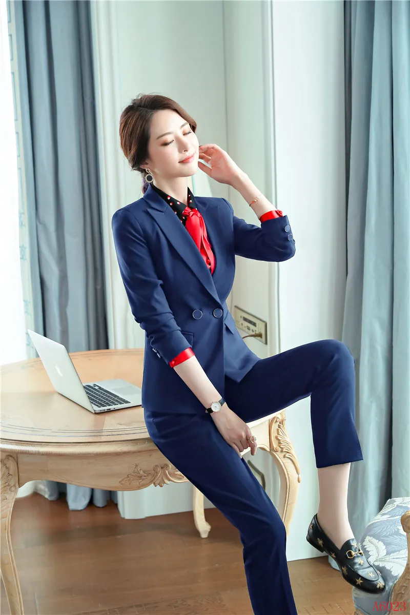 Usure marine Bureau Femmes Noir Ensembles Uniforme Bleu Travail Costumes Blazer Qualité Et Veste Dames Formelle D'affaires Noir Haute Pantalon WT1zFqBwx