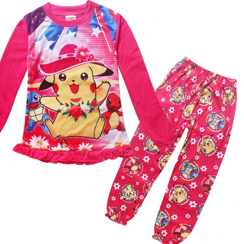 2018 children new cartoon pikachu sleeping suit cotton pokemon go Long sleeve pajamas for girl