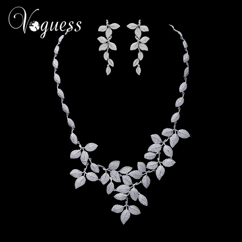 

VOGUESS Wedding Jewelry Set Bridal Necklace Leaf Drop Earring Crystal Choker Statement Necklace Bridesmaid Silver Color Gift