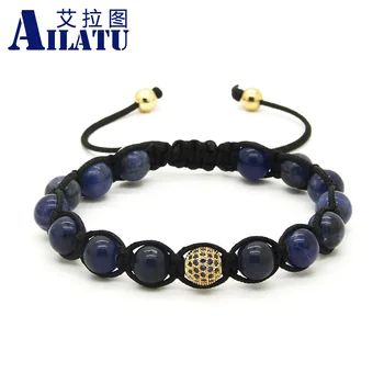 

Ailatu Wholesale 10pcs/lot Nautral Blue Veins Stone Beads with 9mm Blue Micro Paved Blue Zircons Braiding Macrame Bracelet