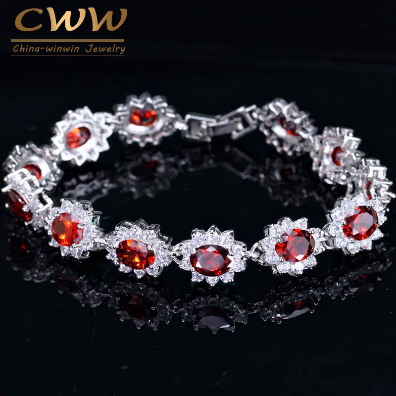 

8 Colors Russian Design White Gold Plated Big Red Ruby CZ Stone and Crystal Rhinestone Flower Charm Bracelets For Women CB161