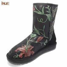 INOE сапоги женские модный цветочный узор натуральная кожа овчина зимняя обувь противоскользящая подошва теплые зимние Популярные ботинки плюшевые полуботинки повседневные женские сапоги до середины икры удобные