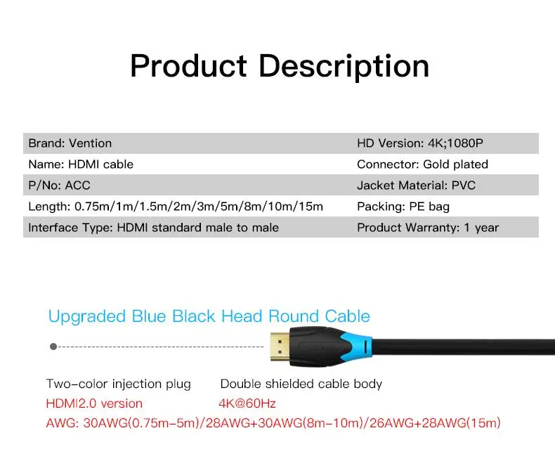 Vention Высокоскоростной HDMI 2,0 кабель 4k 3D 60Hz HDMI к HDMI кабель «Папа-папа» для HD tv lcd ноутбука PS3 проектор компьютерный кабель