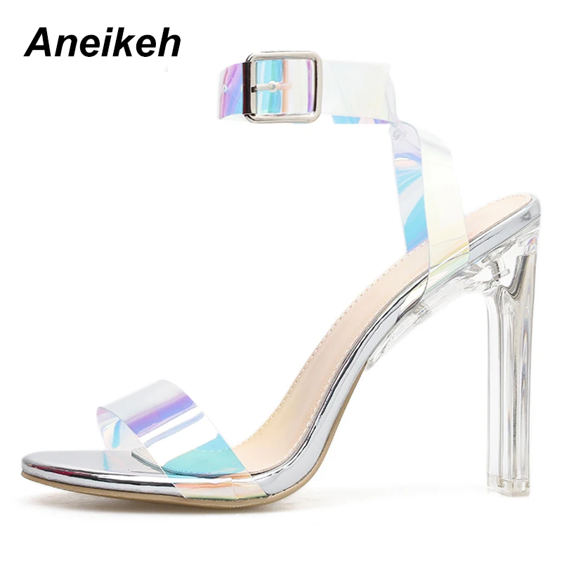 

Aneikeh 2019 PU Sandals Women Summer Buckle Strap Transparent Open toe Thin High Heels Sandals Pumps Black Sliver Size 35-40