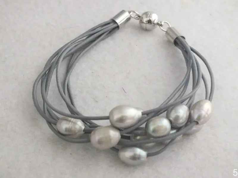 Free Shipping !!! A-4365 Bulk 10pcs/lot 7.5inches Leather Cord Bracelet With 9-10mm Rice Beads Bracelet