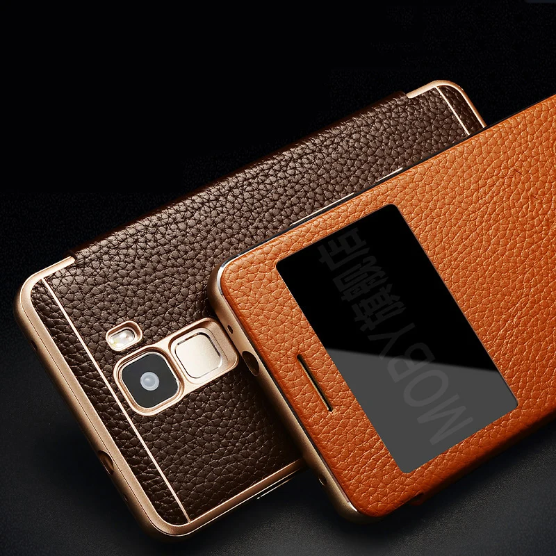 Vintage Retro Luxury Genuine Classic Leather Metal Frame Flip Cover Case for Huawei Honor 7 View