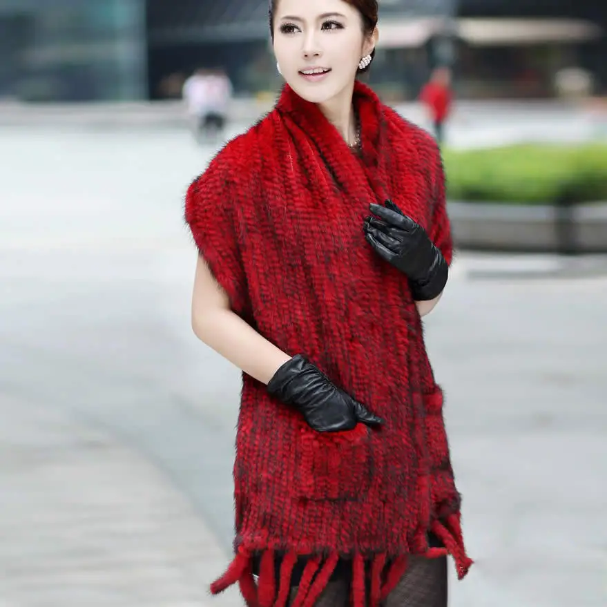 Fur Story 070306B женский вязаный Роскошный натуральный мех норки палантин накидка пончо пальто одежда различные цвета - Цвет: C7 Dark Red