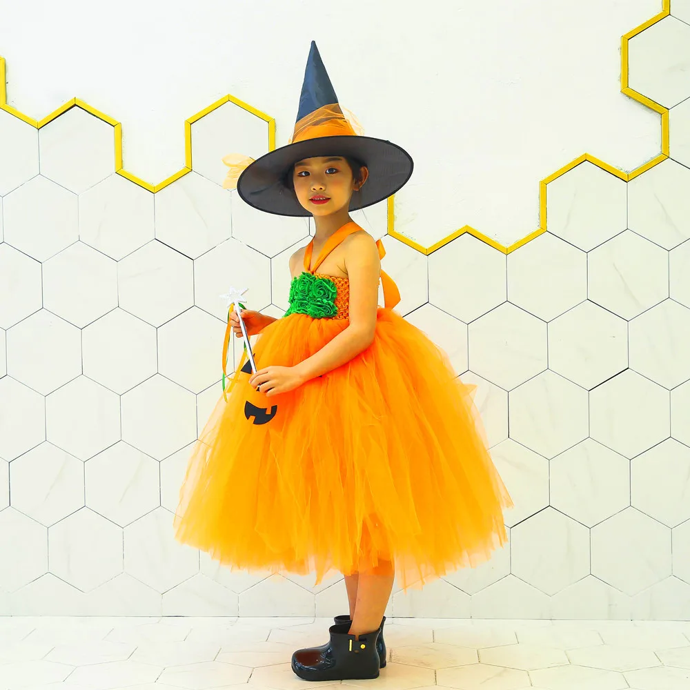 Orange Pumpkin Pattern Halloween Witch Outfit Tutu Dress Halloween Costumes for Teens Vampirina Birthday Mid Calf Flower Dress (15)