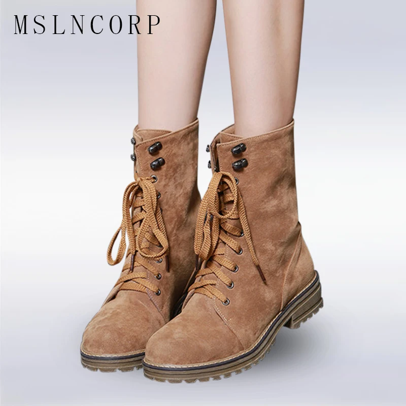 

Plus Size 34-43 Fashion Women Boots With Warm Plush Shoes Spring Autumn Winter Lace Up Punk Flats Round Toe Ankle Martin Boots