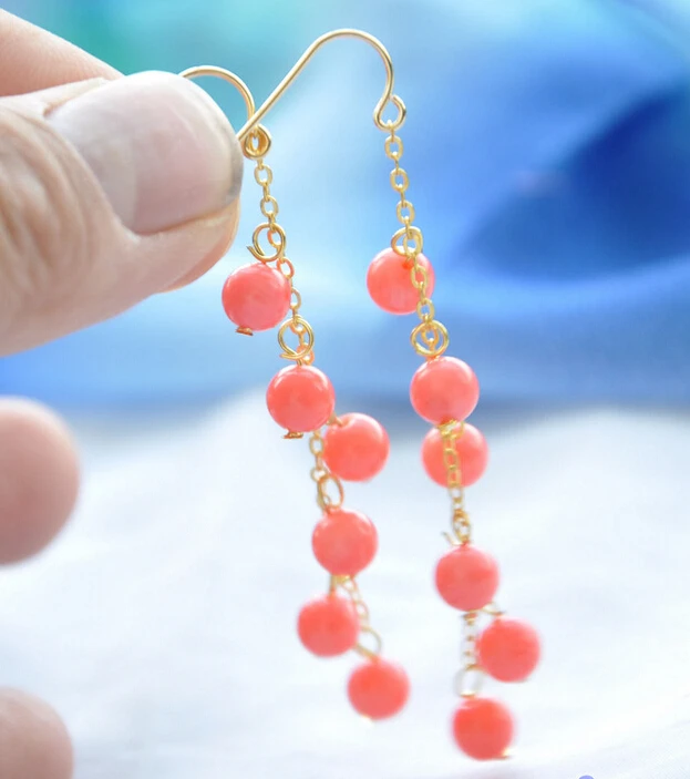 

hot sell new - -hot 12160 natural pink coral round dangle earring
