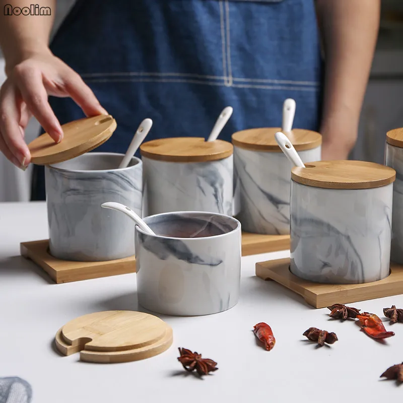 

Nordic Marbled Ceramic Herb Spice Tools Seasoning Jars Salt Sugar Tea Storage Jars with Wooden Tray Set Kitchen Supplies
