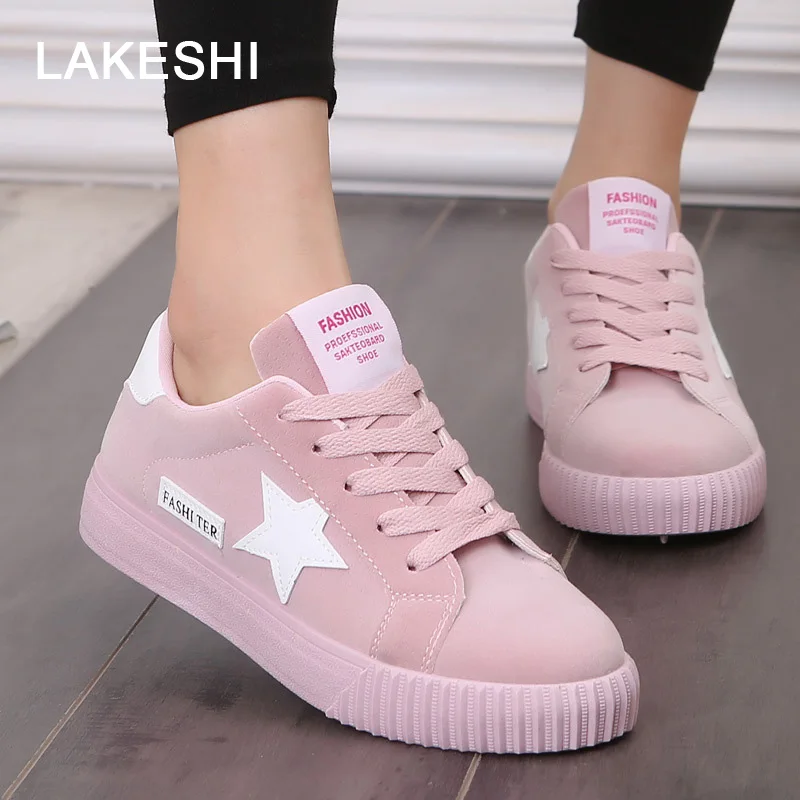 LAKESHI Fashion Star Women Shoes Women Casual Shoes Lace Up Women Flat Shoes Pink 2018 New Women Sneakers Round Toe Female Shoes