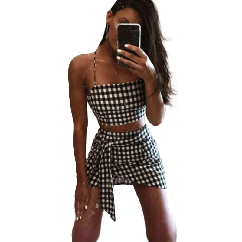 

Women two piece set Summer Fashion Sexy Concise Casual All-match Plaid Lace-up Backless Dress Set