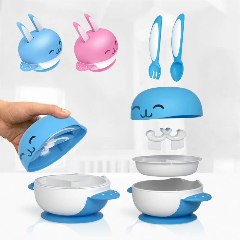 

6pcs/sets Rabbit Sucker Feeding Dish Baby Sucker Bowl with Spoon Fork Baby Food Tableware Kids Training Dishes Food Container