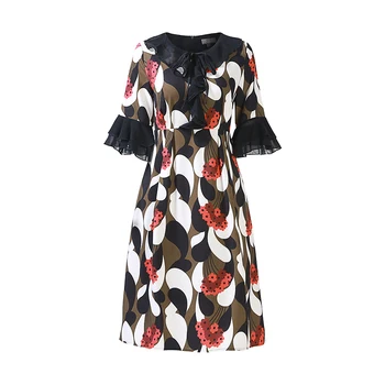 

Women Summer Dress 2018 High Quality Designer Runway O-neck Ruffles Patchwork Printed Elegant Party Dresses NPD0737