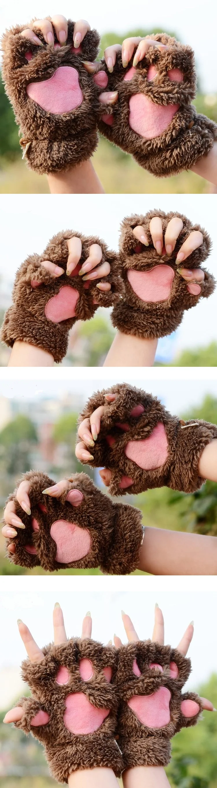 Женские зимние теплые перчатки с кошачьими лапами, перчатки без пальцев, пушистый медведь, кошка, плюшевые лапы для девочек, косплей перчатки, 1 пара